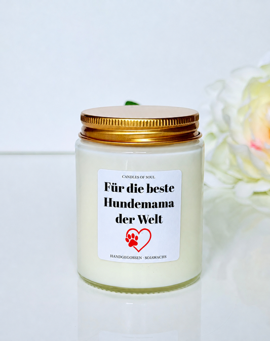 Geschenk für Hundemama – handgegossene Sojawachs-Duftkerze mit goldenem Deckel