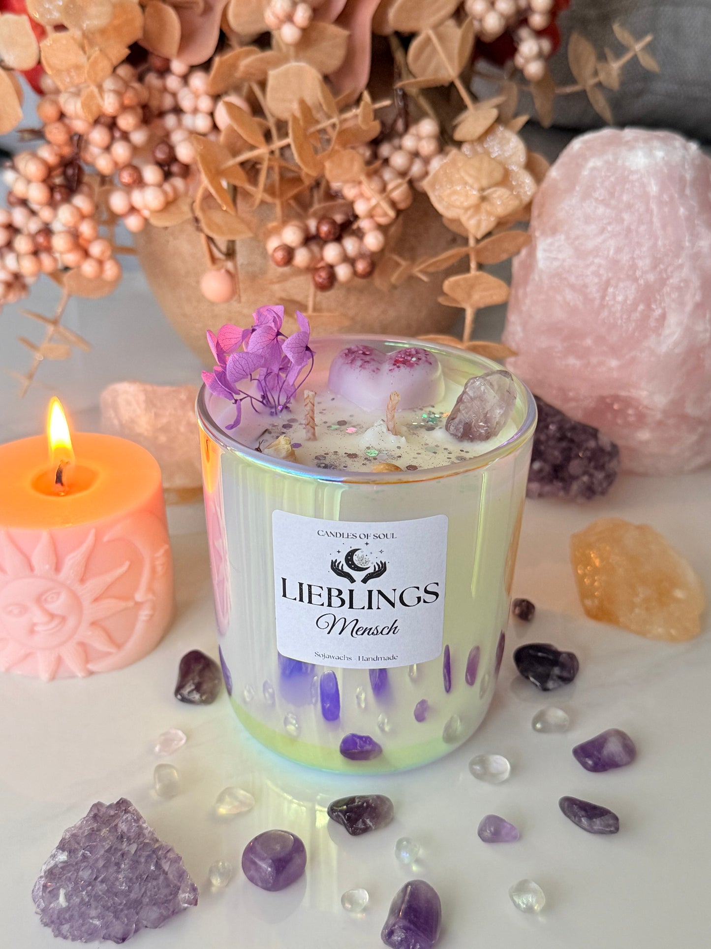 Kristallkerze Duftkerze Lieblingsmensch Sojawachs, Amethyst & Herbstduft