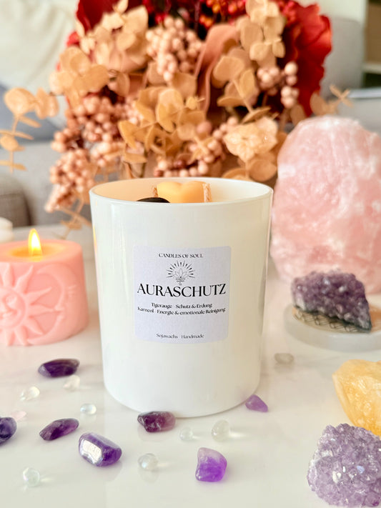 Auraschutz Kerze mit Tigerauge & Karneol – Spirituelle Duftkerze für Schutz & Energie