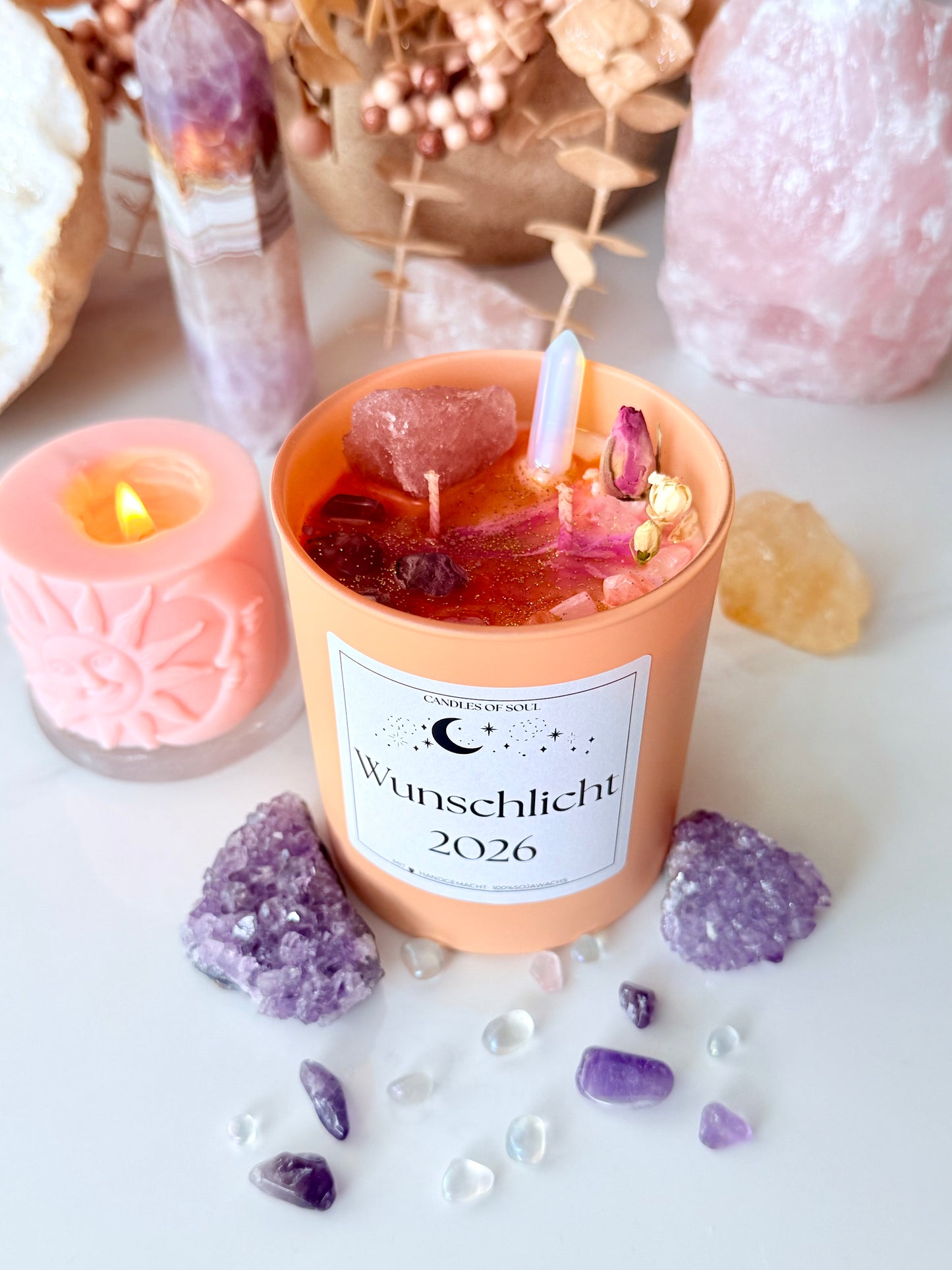 Kristallkerze "Wunschlicht 2026" – Handgemachte Sojawachs-Kerze mit Fluorit, Amethyst & Opalith | Manifestation & Neujahr