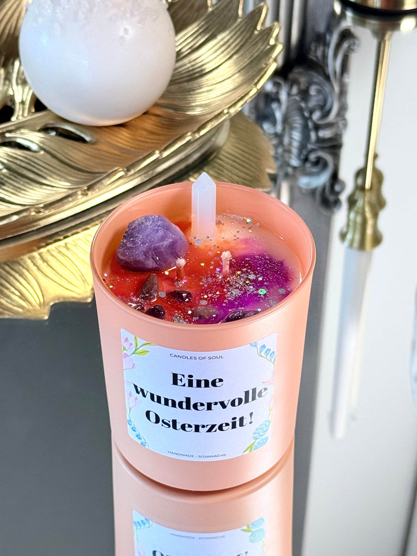 Edelsteinkerze „Eine wundervolle Osterzeit“ – mit Amethyst & Bergkristall