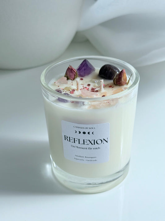 Reflexion Kerze mit Amethyst & Rosenquarz – Achtsamkeit & Duft