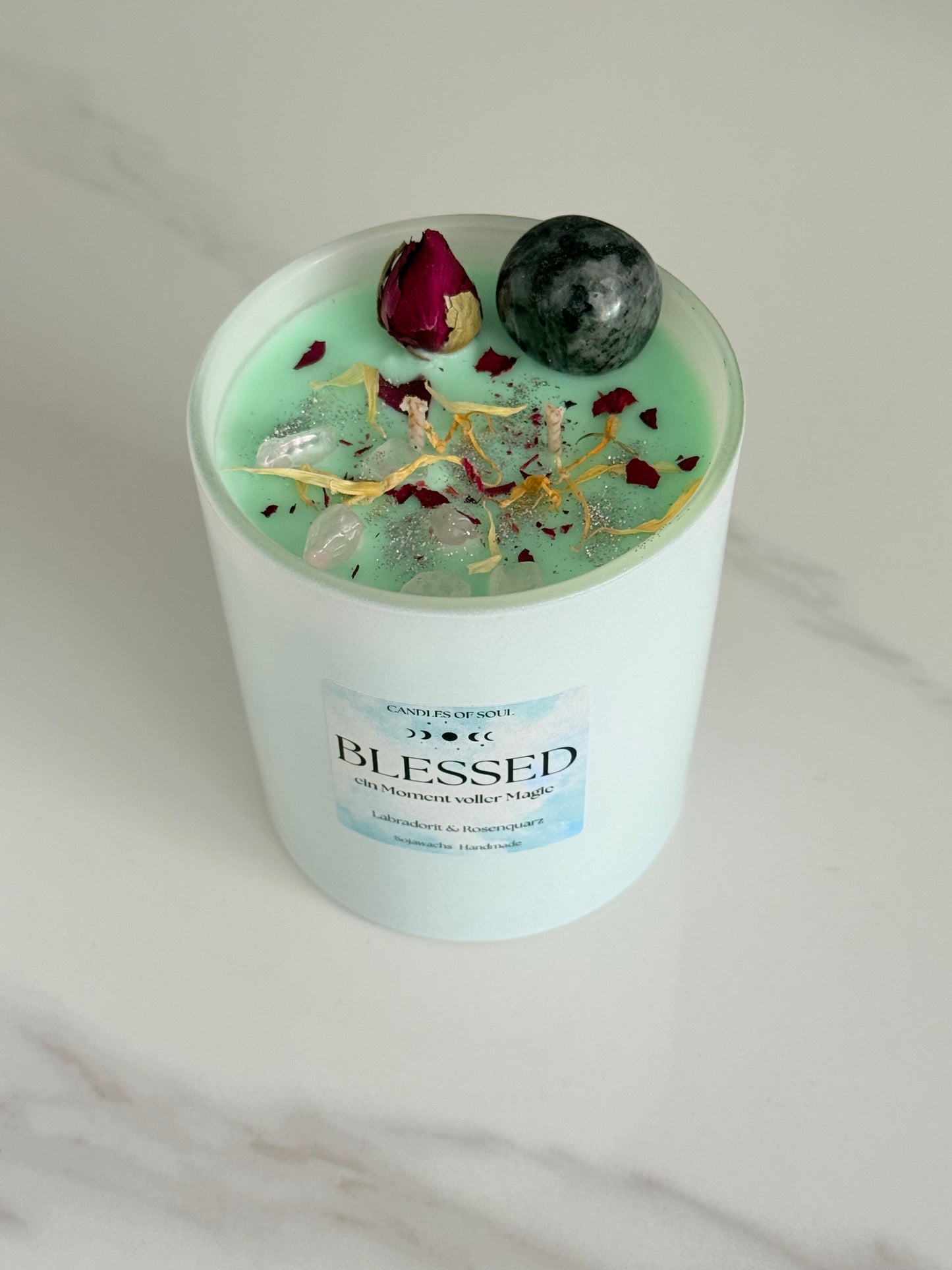 BLESSED Kristallkerze mit Labradorit und Rosenquarz