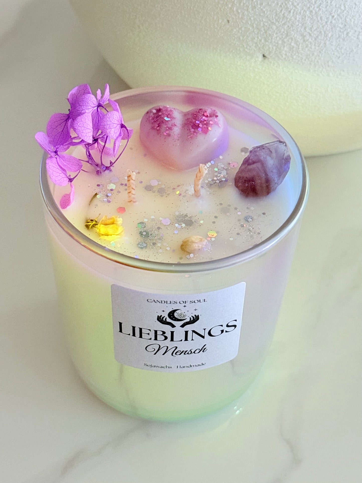 Kristallkerze Duftkerze Lieblingsmensch Sojawachs, Amethyst & Herbstduft