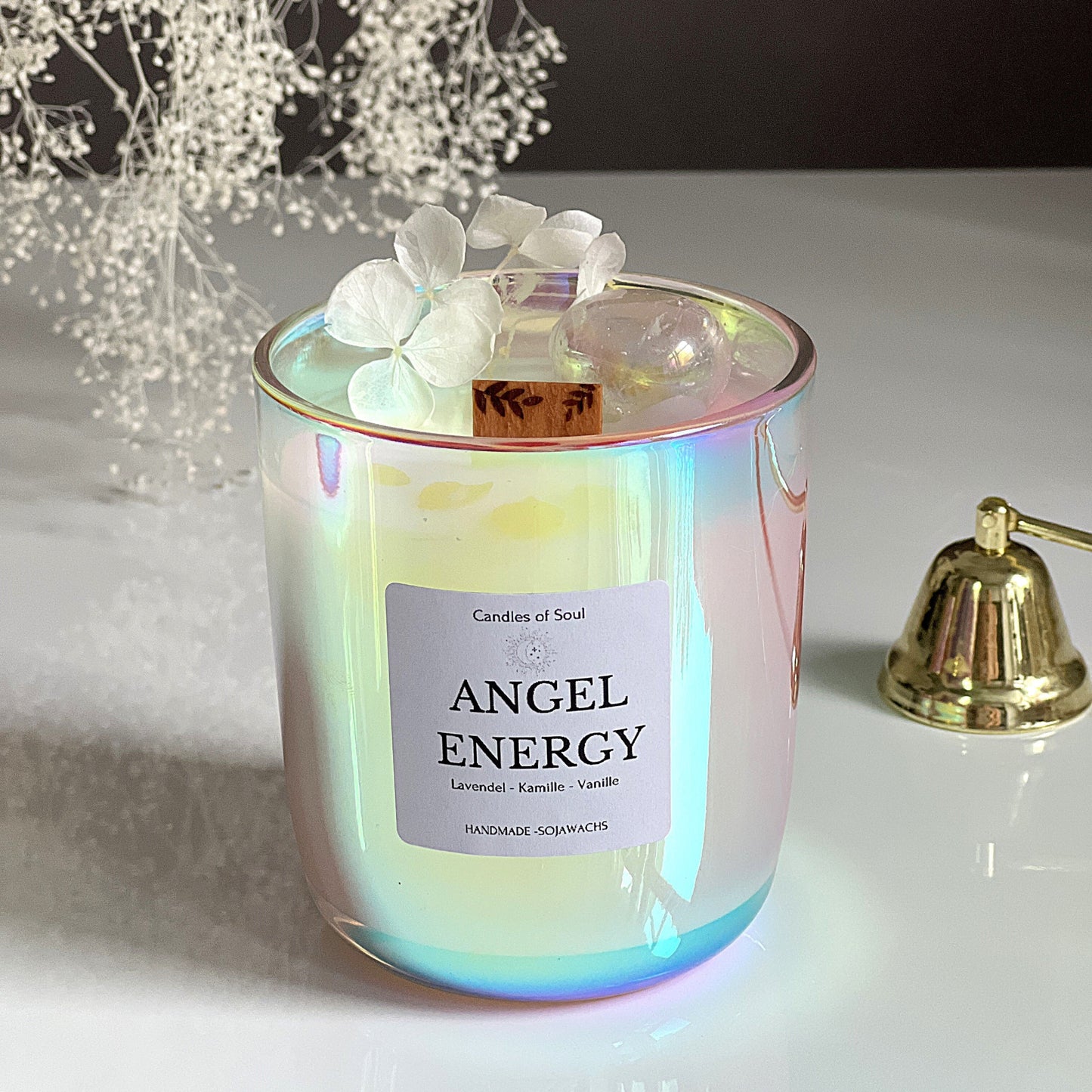 Kristallkerze Angel Energy mit Holzdocht