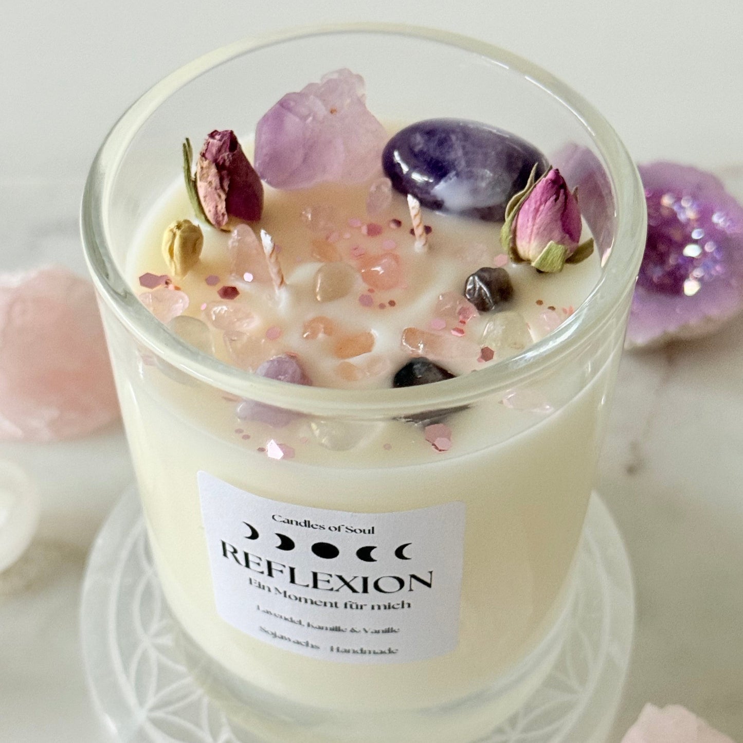 Reflexion Duftkerze mit Amethyst und Rosenquarz