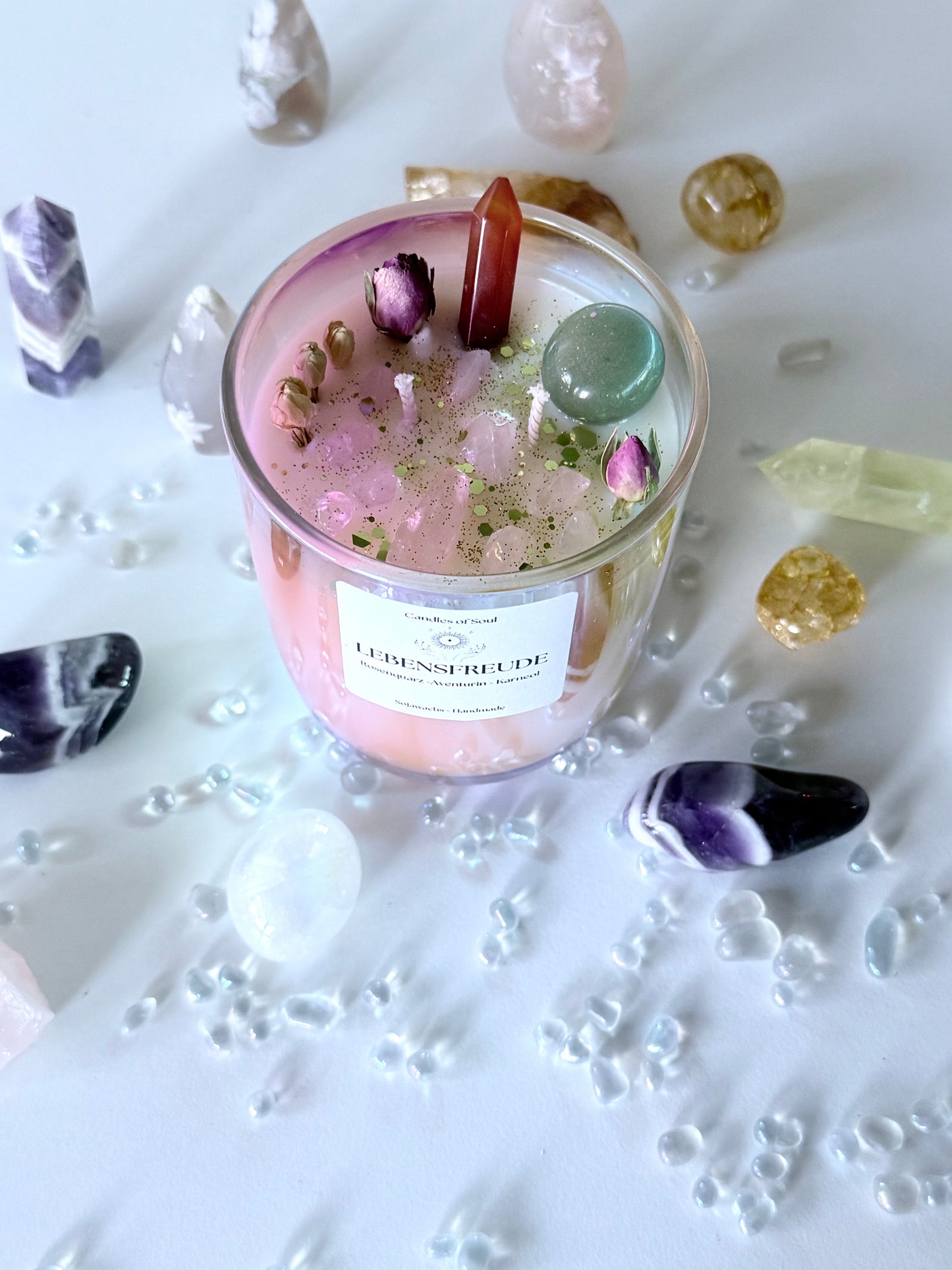 Vegane Sojawachskerze mit Lavendel-, Kamille- und Vanilleduft – Kristallkerze