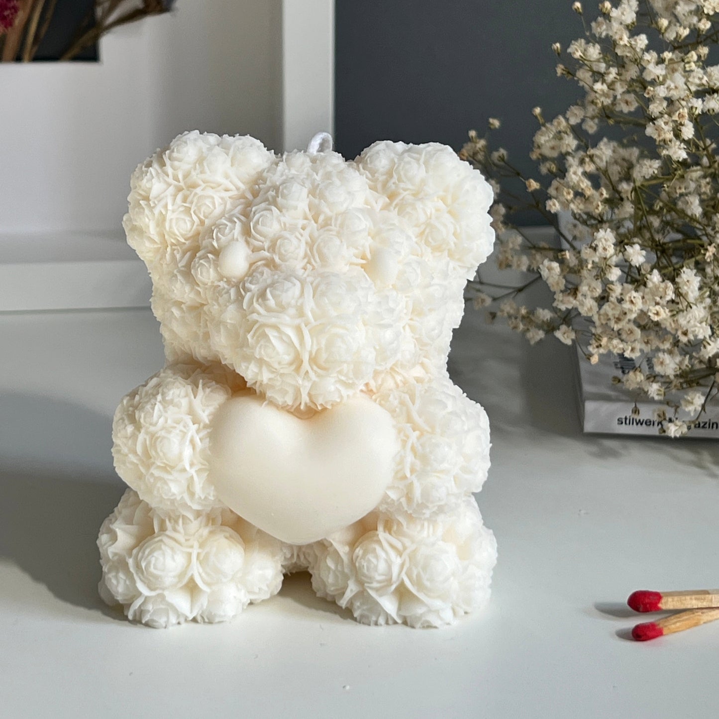 Kerze Teddy Bär mit Herz Rosen