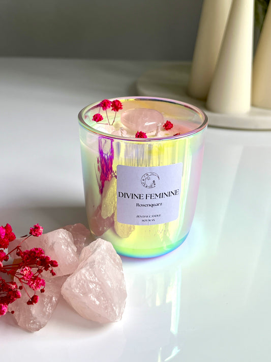 Kristallkerze mit Rosenquarz und Lavendel, dekoriert mit Edelsteinen und 2 Baumwolldochten für 50 Stunden Brenndauer