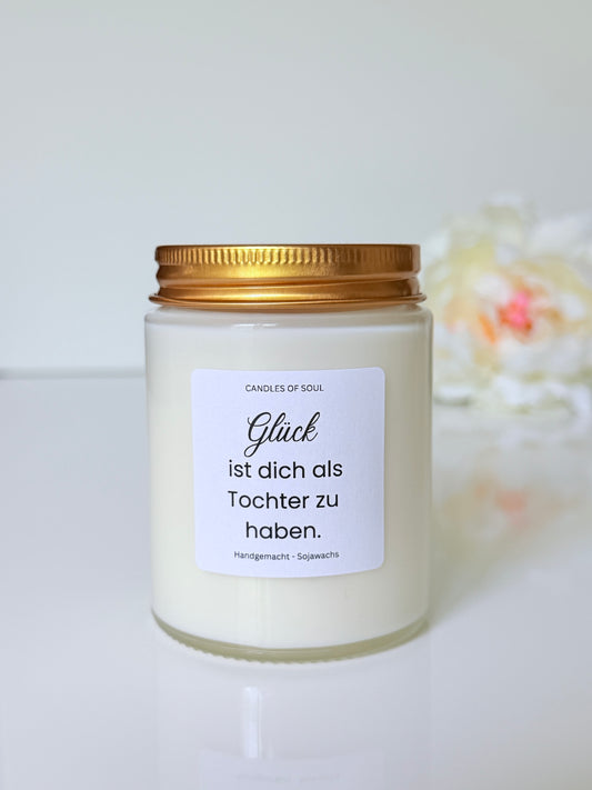 Geschenkkerze für Tochter aus Sojawachs im Glas mit goldenem Deckel