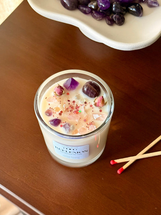 Reflexion Kerze mit Amethyst & Rosenquarz – Achtsamkeit & Duft