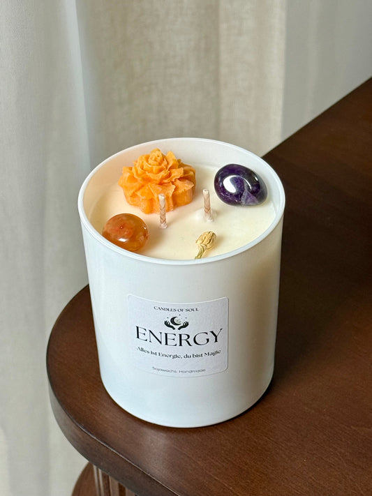 Energy Kerze mit Amethyst und Karneol in weißem Glas, 300 ml