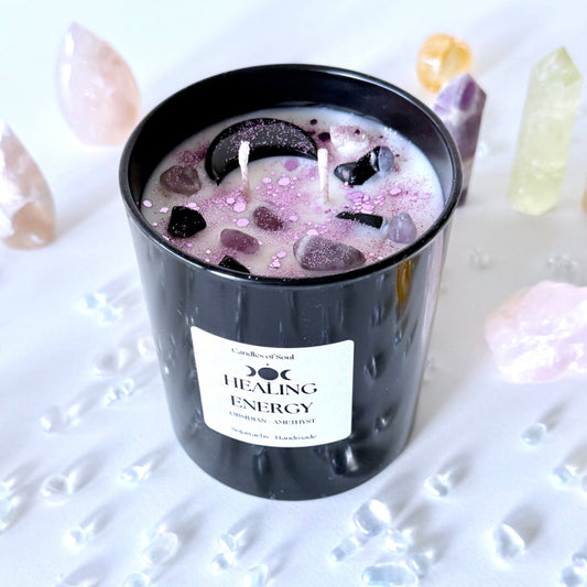 Kristallkerze HEALING ENERGY mit Obsidian, Amethyst und würzigem Duft in Glas