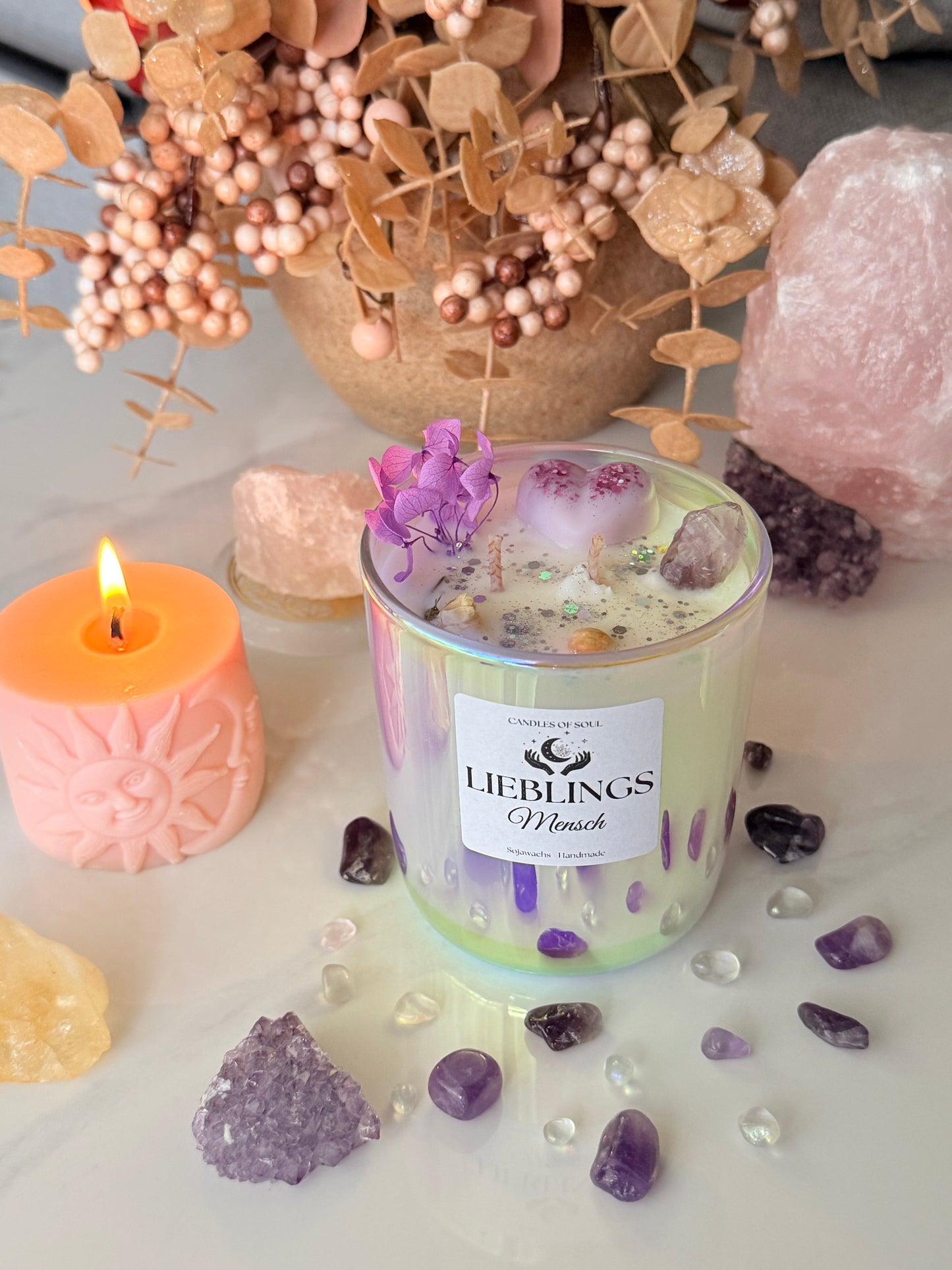 Kristallkerze Duftkerze Lieblingsmensch  Sojawachs, Amethyst & Herbstduft