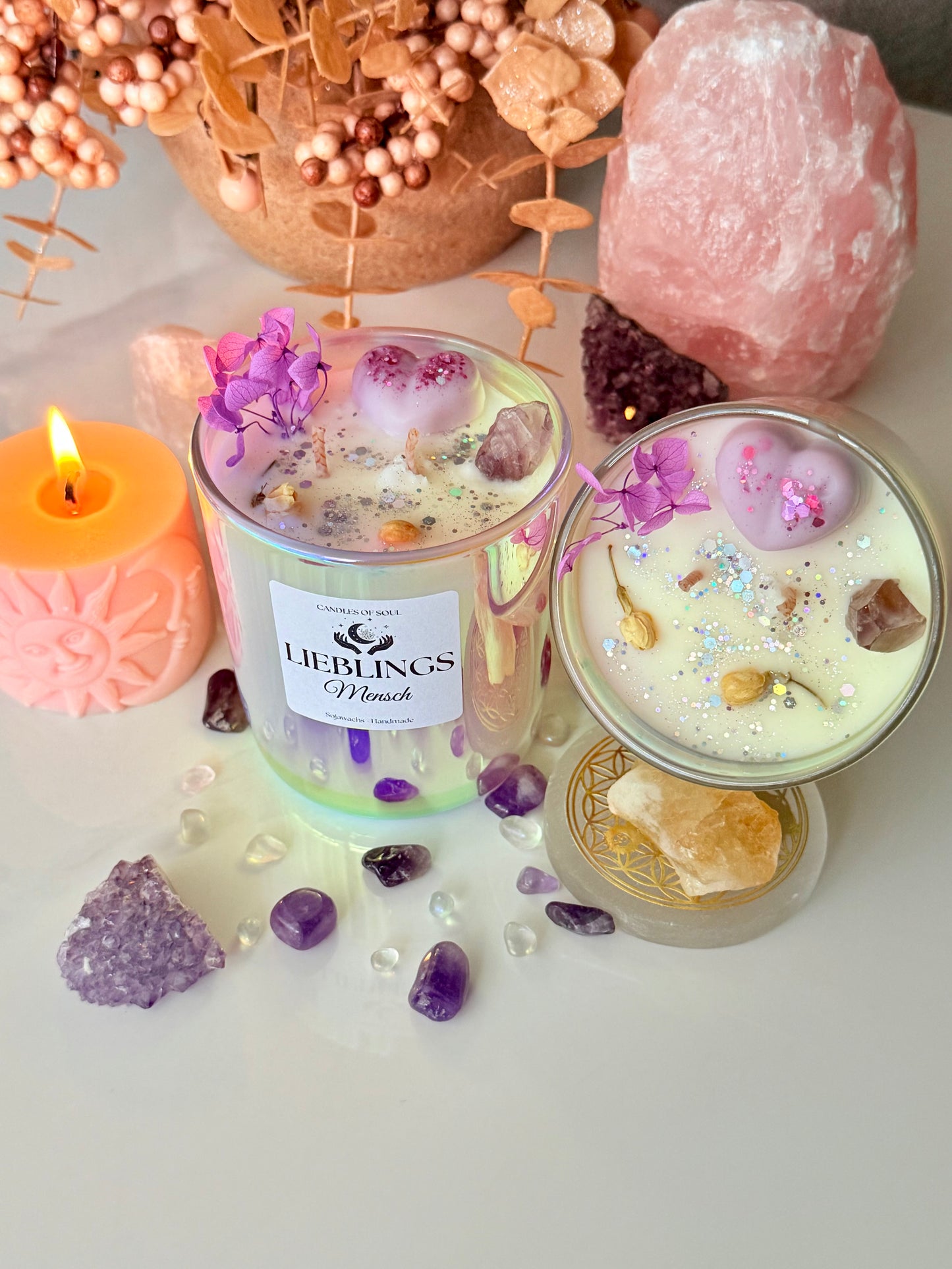 Kristallkerze Duftkerze Lieblingsmensch  Sojawachs, Amethyst & Herbstduft