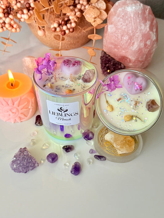 Kristallkerze Duftkerze Lieblingsmensch  Sojawachs, Amethyst & Herbstduft