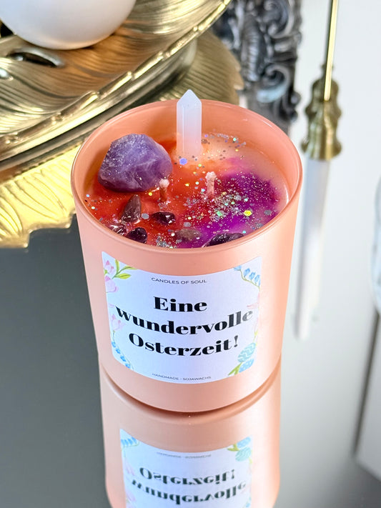 Edelsteinkerze „Eine wundervolle Osterzeit“ – mit Amethyst & Bergkristall