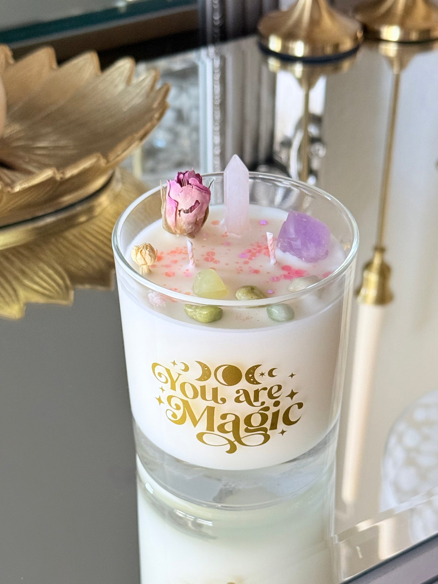 You are Magic Kristallkerze | Rosenquarz-Spitze, Amethyst & Jade | Sojawachs