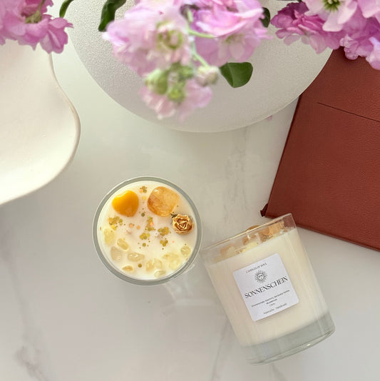 Kristallkerze SONNENSCHEIN – Citrin & Zitrus-Vanille Duft