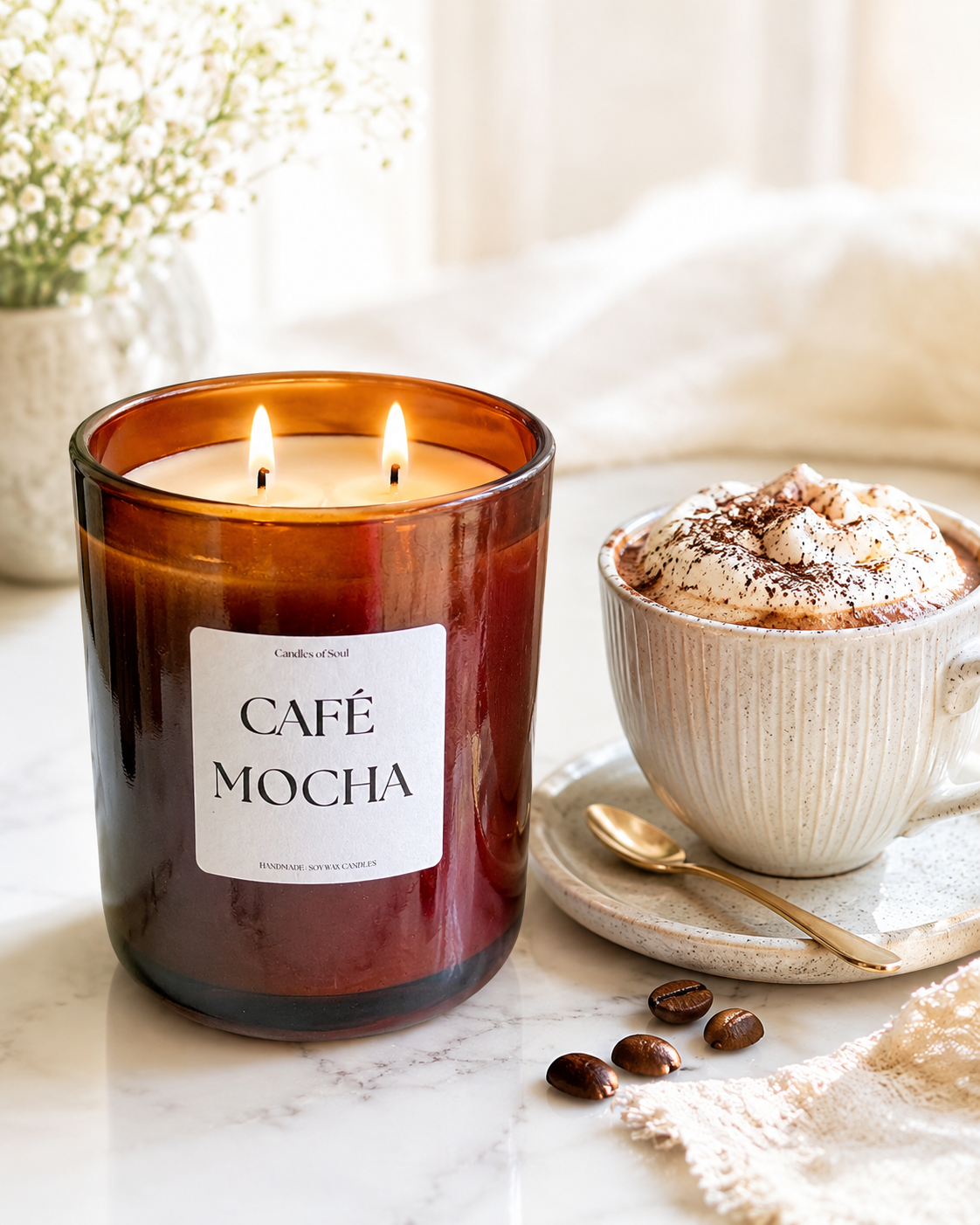 Elegante Café Mocha Duftkerze von Candles of Soul auf hellem Hintergrund, passend für Cozy Home Dekoration