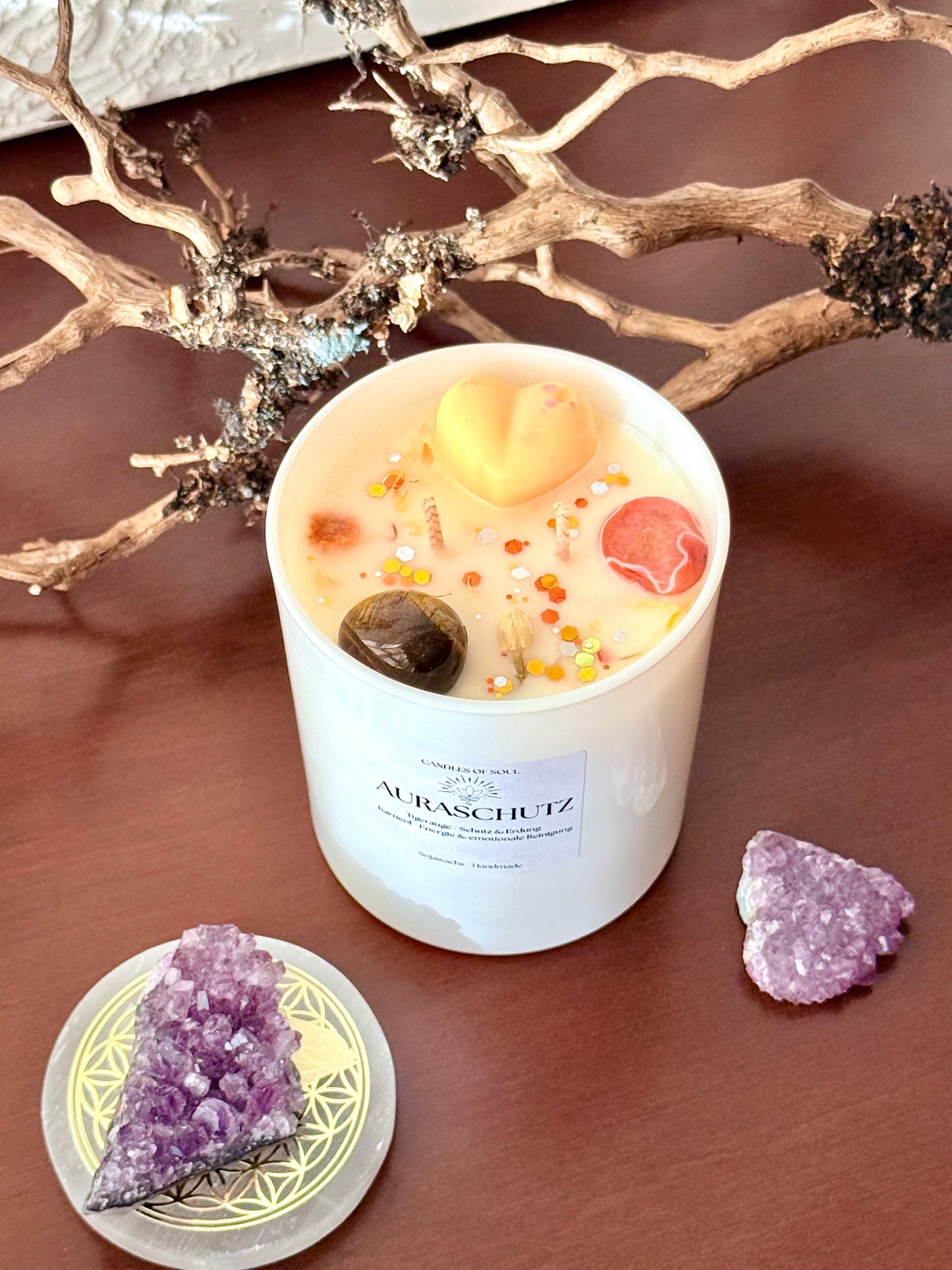 Auraschutz Kerze mit Tigerauge & Karneol – Spirituelle Duftkerze für Schutz & Energie