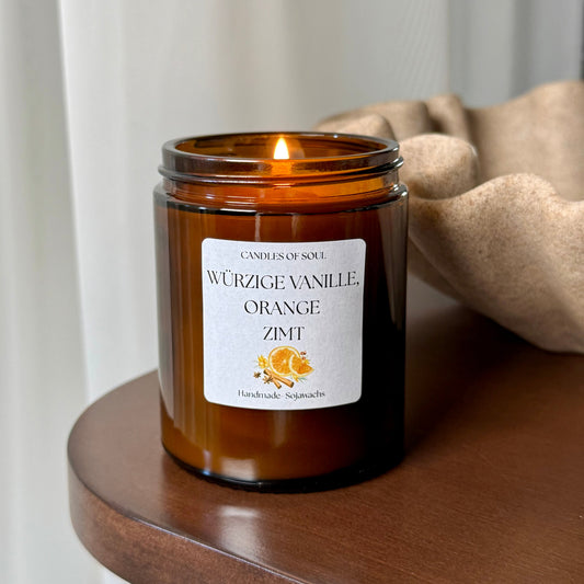 "Handgemachte Sojawachs Duftkerze mit Vanille, Orange und Zimt – 140ml