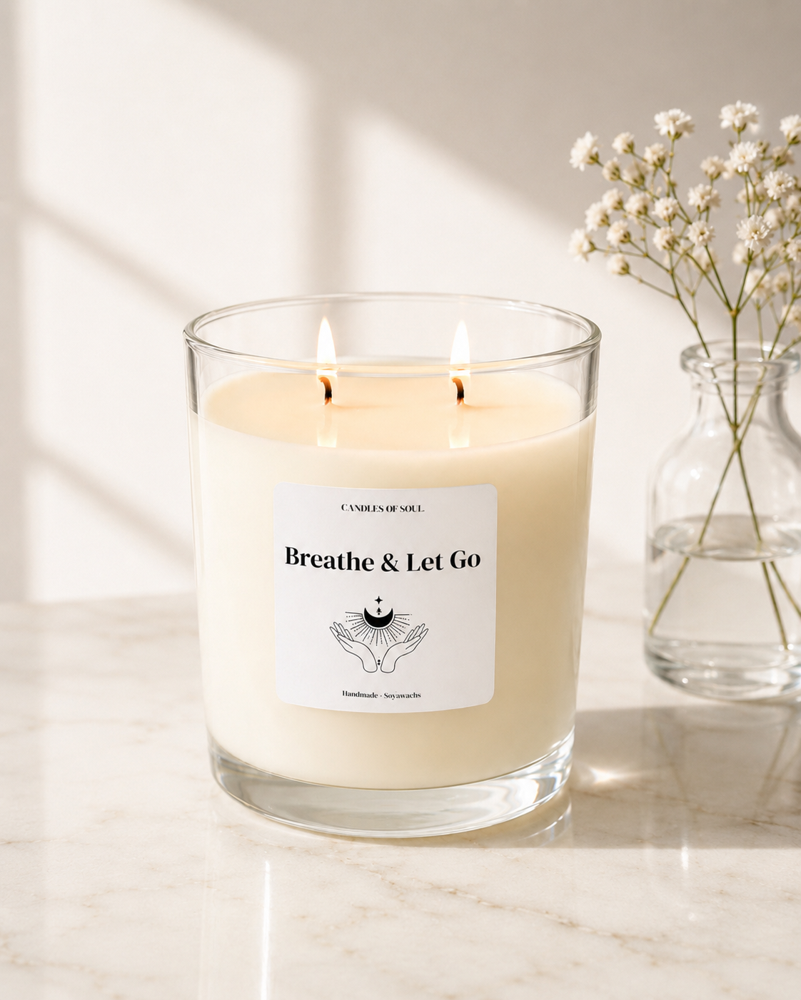 Minimalistische Selfcare Kerze im Glas mit Breathe and Let Go Etikett