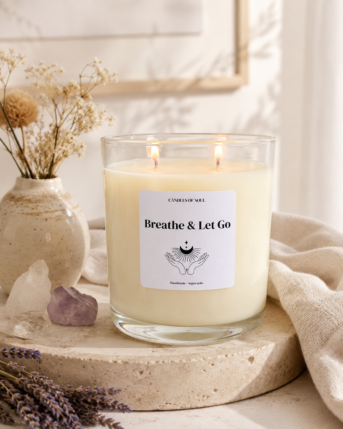 Breathe & Let Go Duftkerze aus Sojawachs im klaren Glas mit zwei Dochten