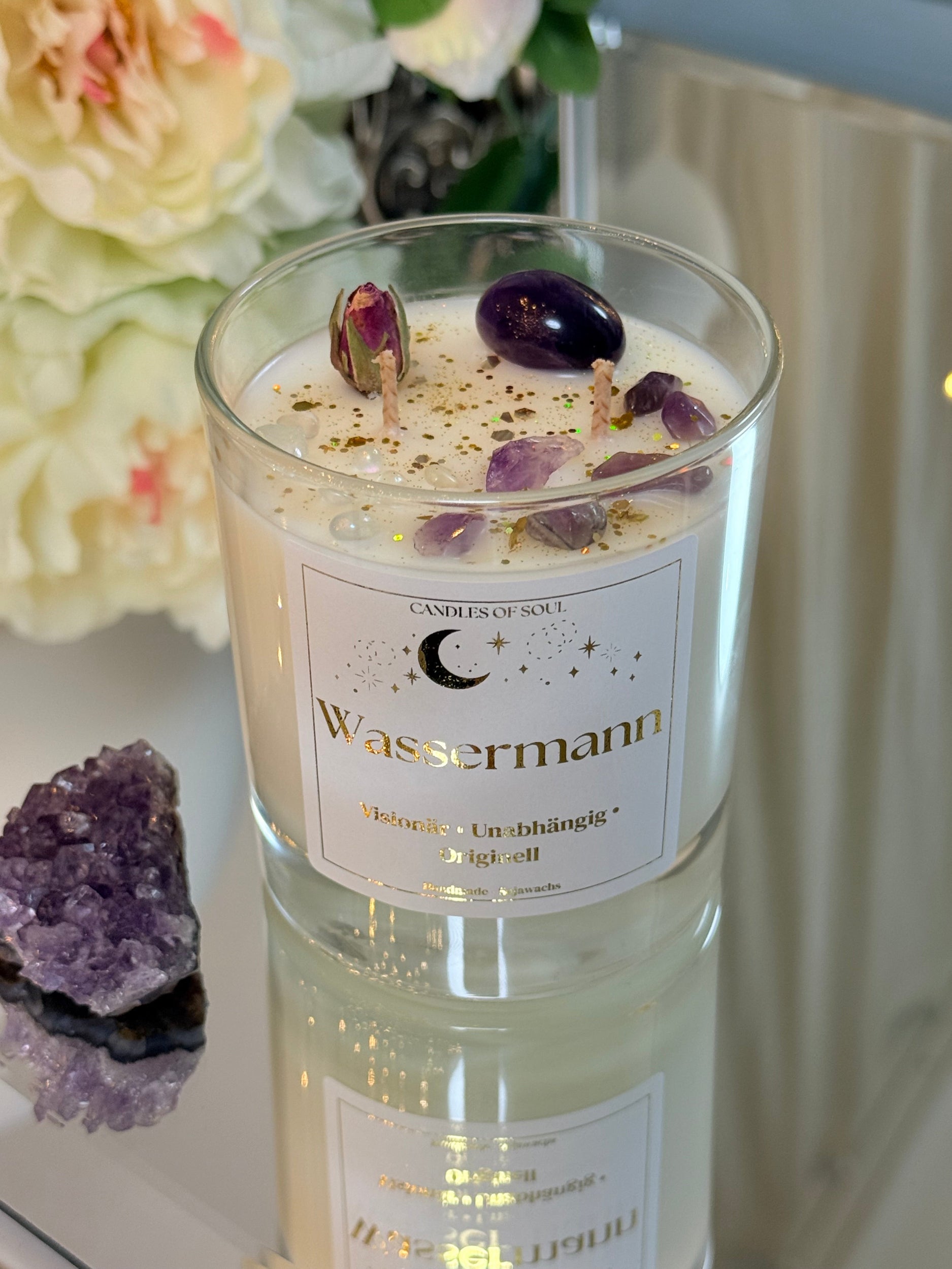 Handgefertigte Edelsteinkerze von Candles of Soul in edler Glas-Optik