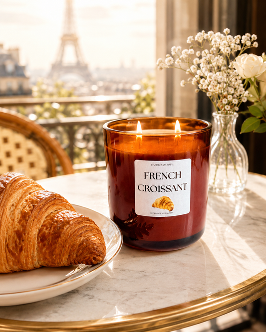 French Croissant Duftkerze aus Sojawachs im braunen Glas mit elegantem weißem Etikett auf hellem Hintergrund
