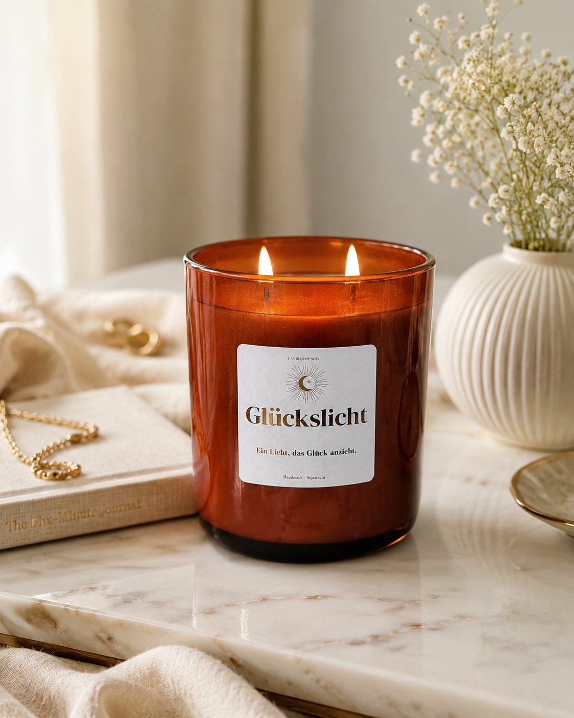Brennende Glückslicht Duftkerze mit zwei Flammen in eleganter Lifestyle Szene auf hellem Marmortisch