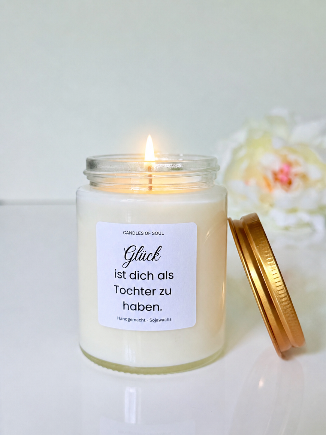 Handgegossene Duftkerze mit der Aufschrift Glück ist, dich als Tochter zu haben