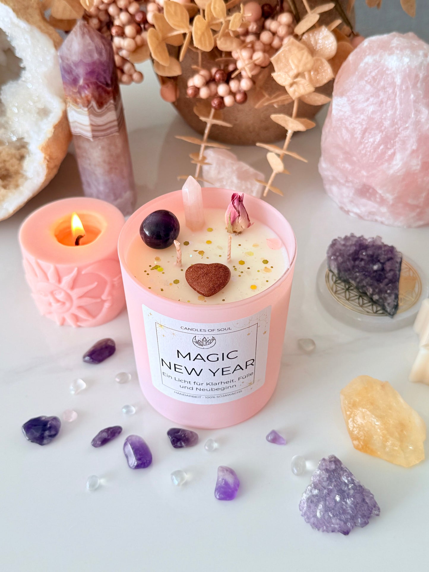 Magic New Year Kristallkerze mit Amethyst, Rosenquarz und Sandstein Herz für spirituelle Manifestation