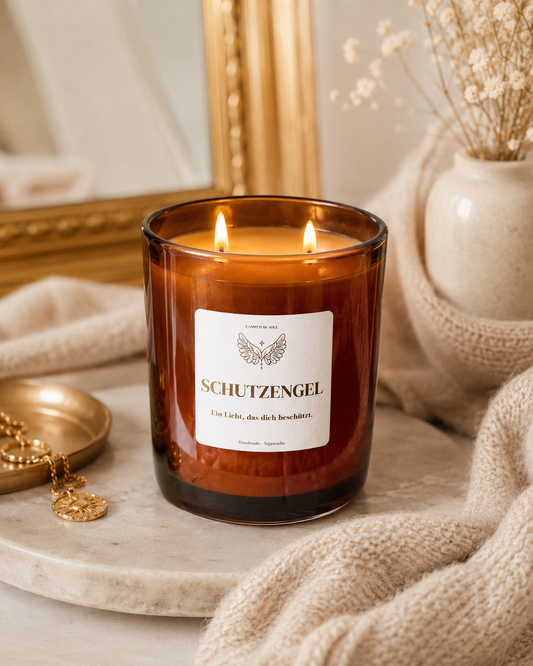 Braune Schutzengel Duftkerze mit zwei brennenden Dochten, goldener Schrift und gemütlicher Lifestyle-Dekoration in Beige- und Goldtönen.